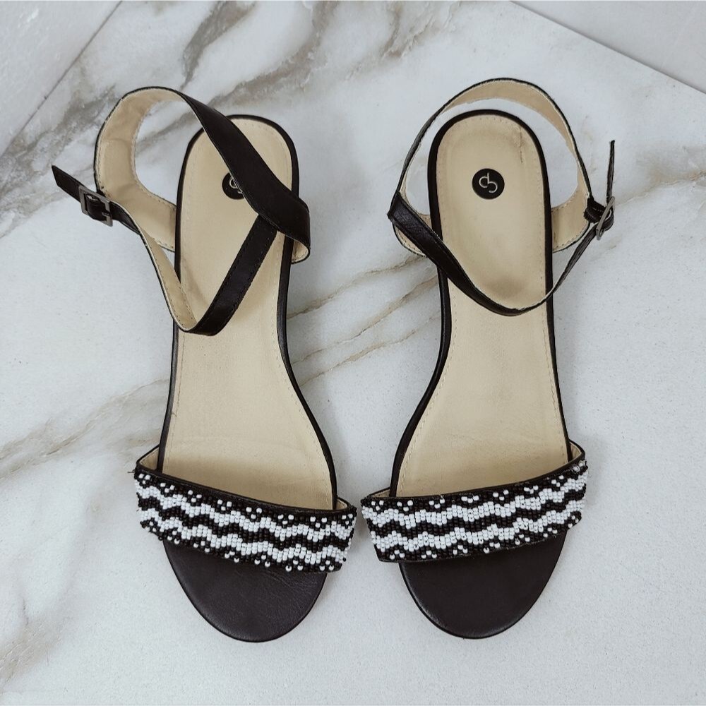Dress Barn Tori Black White Beaded Strap Ankle Strap Kitten Heel Sandals, Sz 8